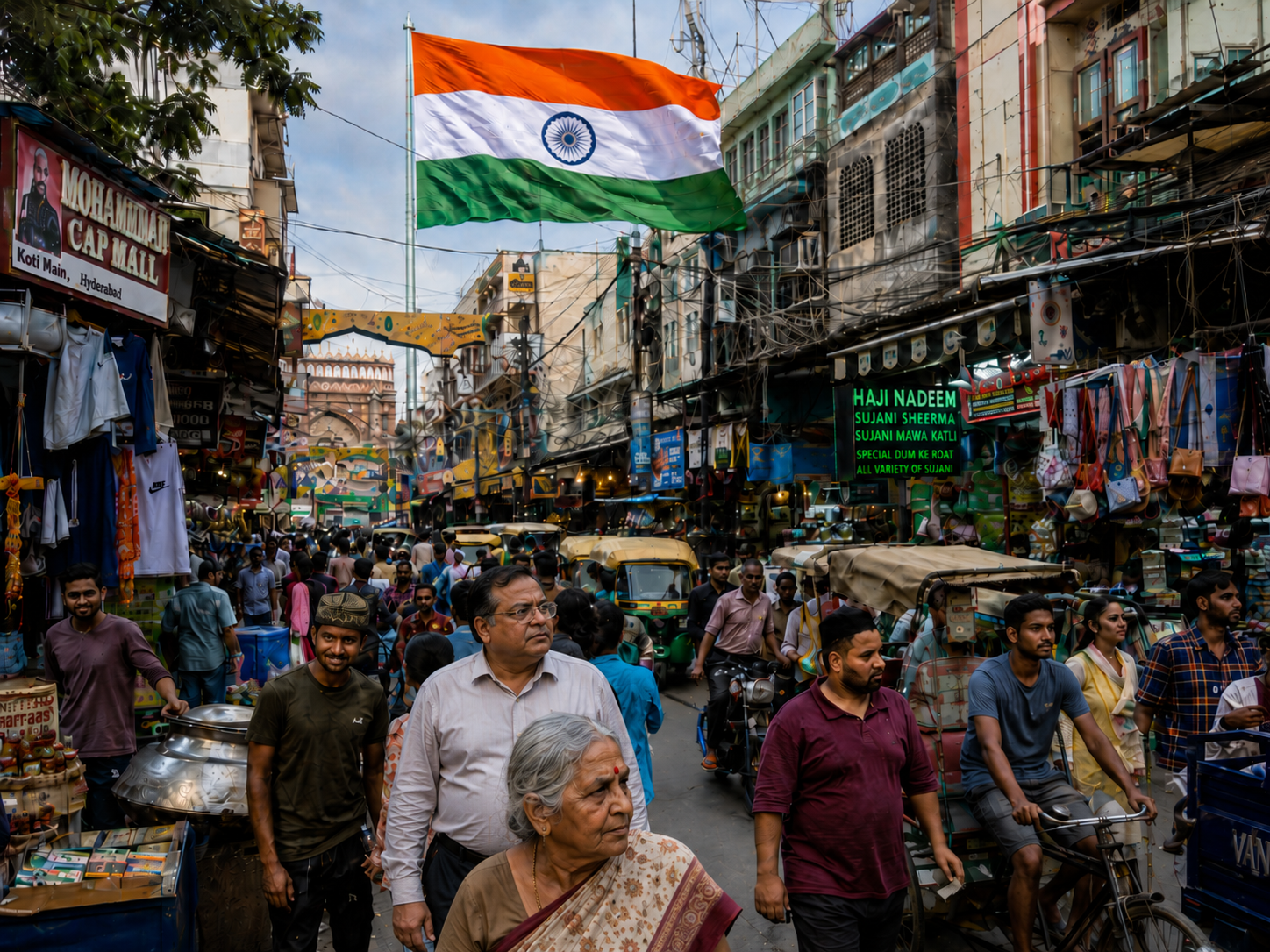 Busy Indian business street and market with the Indian flag flying above shops, traders and pedestrians