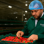 Goodada inspector in Egypt checking strawberries for quality at a packing house – fruit inspection and quality control process.