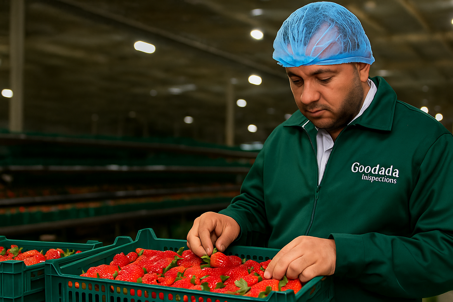 Goodada inspector in Egypt checking strawberries for quality at a packing house – fruit inspection and quality control process.