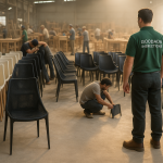 Quality control inspector checking wooden furniture before export at a factory