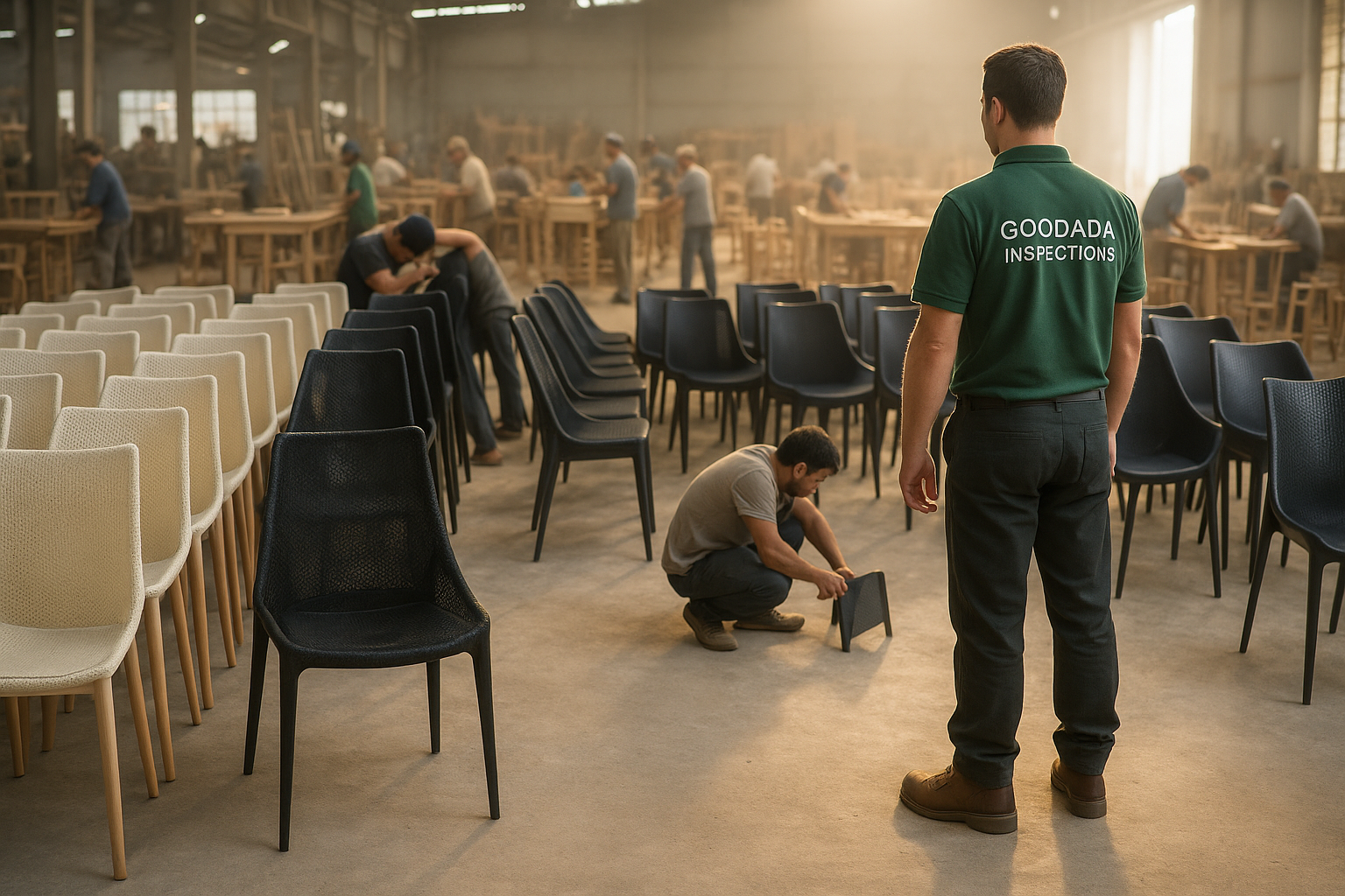 Quality control inspector checking wooden furniture before export at a factory