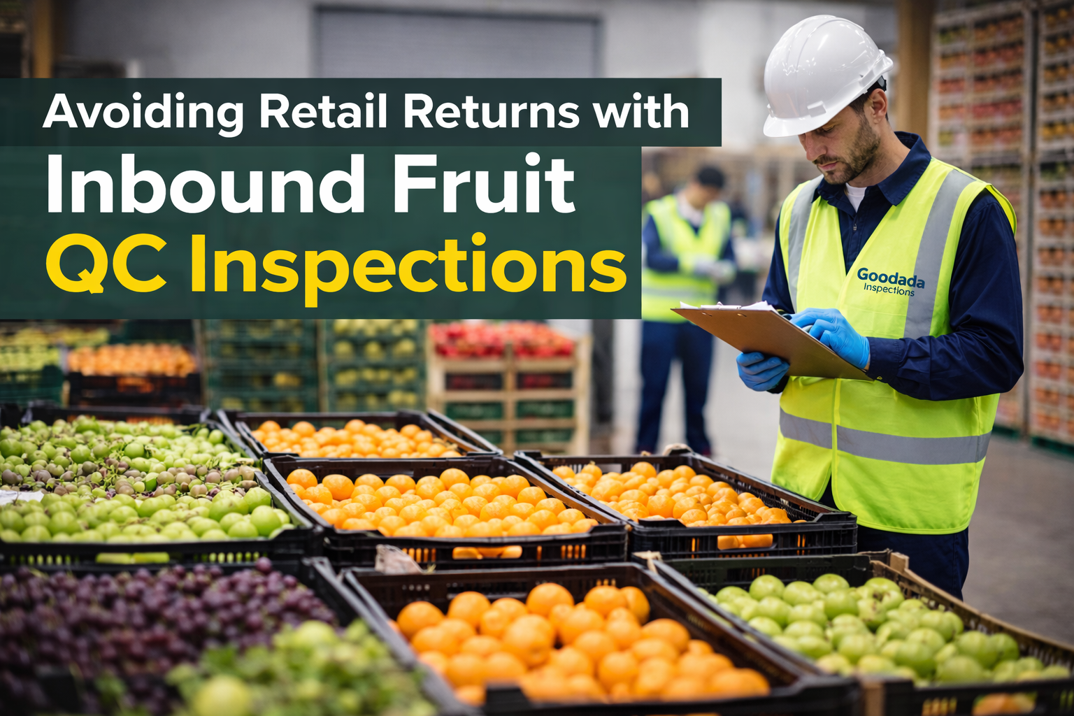 Goodada Inspections quality control inspector checking inbound fruit pallets at a destination warehouse