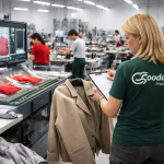 Goodada inspector reviewing garments alongside AI machine vision system in factory quality control environment