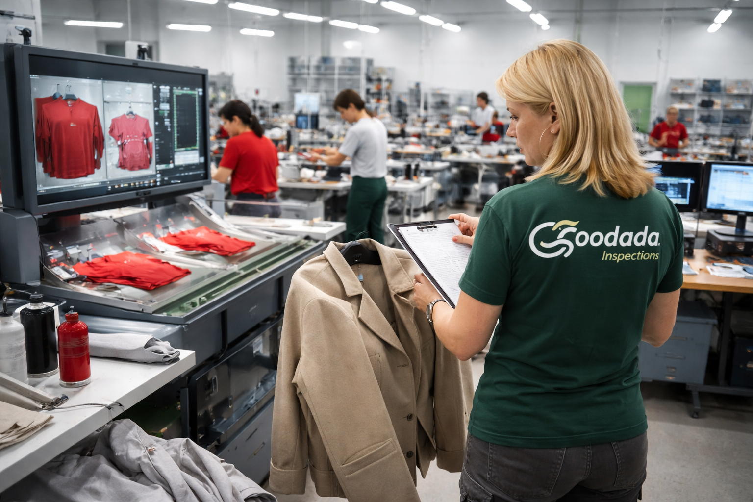 Goodada inspector reviewing garments alongside AI machine vision system in factory quality control environment