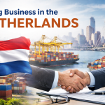 Business handshake in front of Rotterdam port and Dutch flag representing doing business and quality control inspections in the Netherlands.