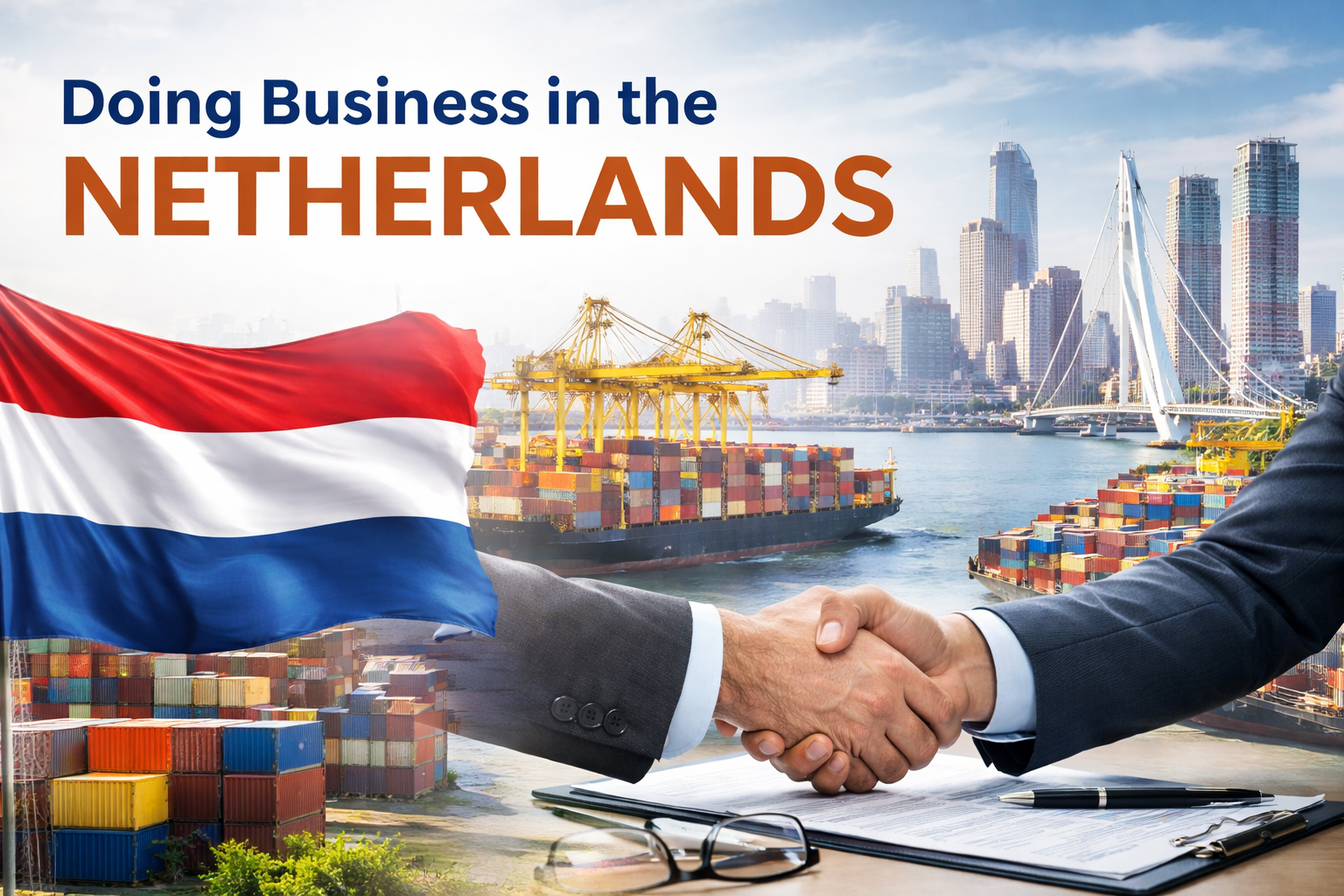 Business handshake in front of Rotterdam port and Dutch flag representing doing business and quality control inspections in the Netherlands.