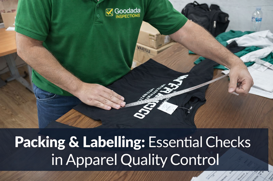 Apparel quality inspector from Goodada Inspections checking T-shirt measurements during packing and labelling inspection