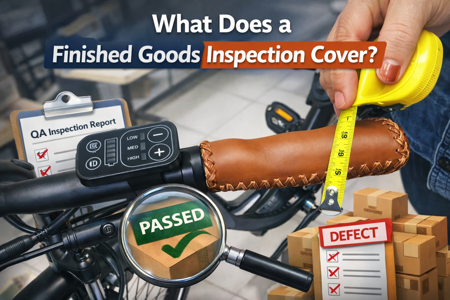 Finished goods inspection measuring product dimensions with quality checks and packaging verification before shipment