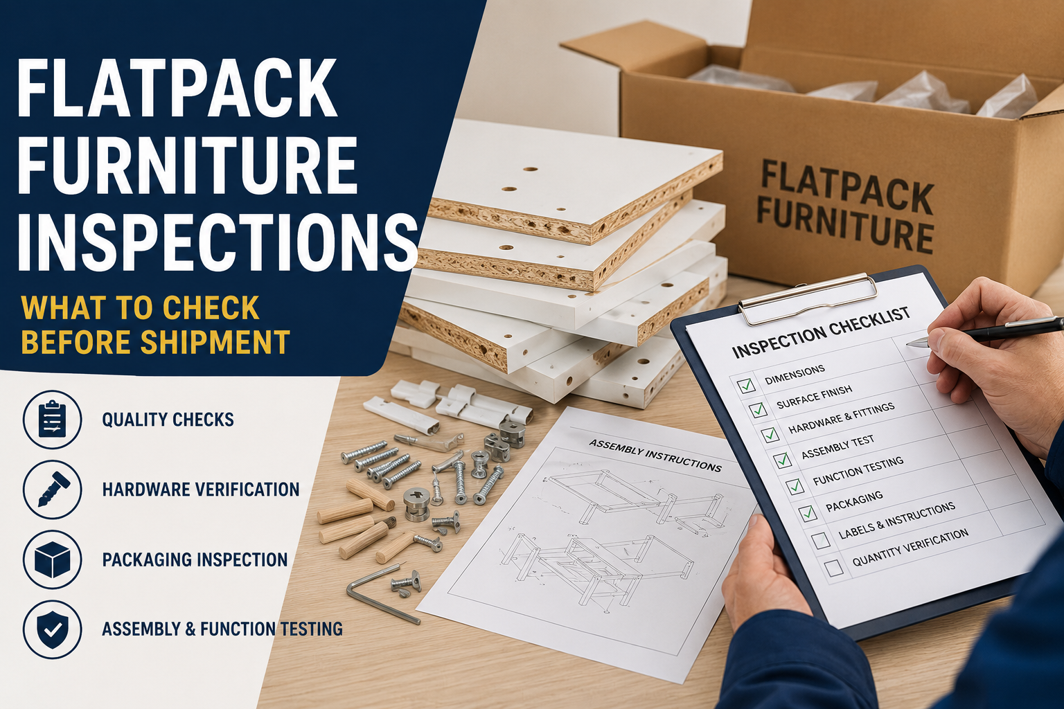 Flatpack furniture inspection checklist with packaging, hardware, assembly testing, and furniture quality control checks before shipment