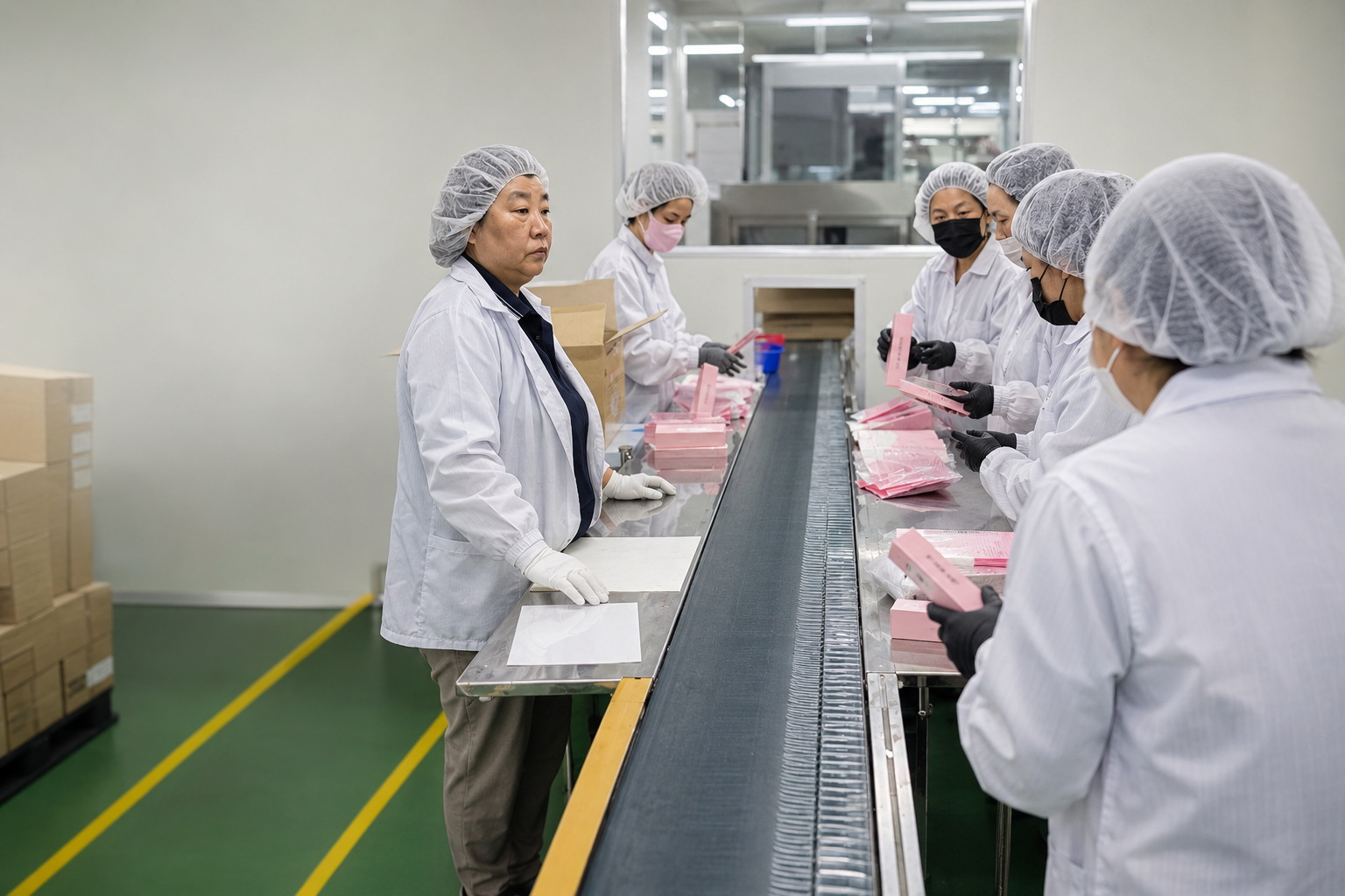 Quality control inspector checking products in a South Korean factory before shipment