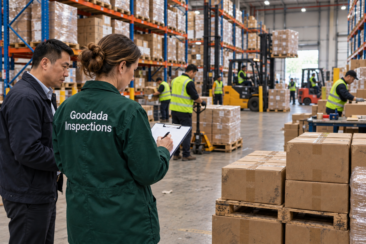 Goodada inspector verifying a foreign seller in a working warehouse